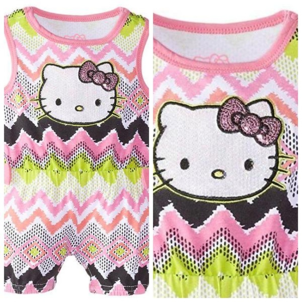 Hello Kitty Baby Girl Romper Chevron Shorts‎ Outfit One Piece Size 3-6 6-8 Mo